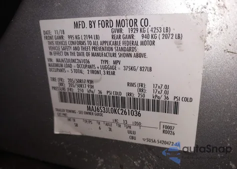 2019 Ford Ecosport Ses из США, поврежденный, VIN MAJ6S3JL0KC261036